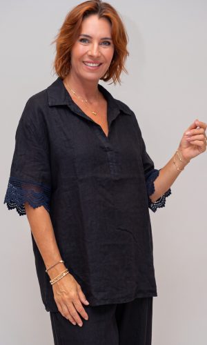 Goleta- Navy - Linen shirt lace sleeve trim