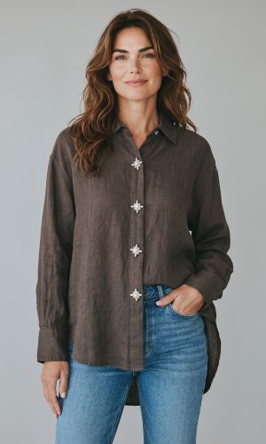 Jensen - Chocolate- 100% Linen oversize Shirt with Diamante buttons