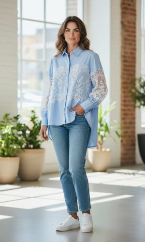 Mantilla- White on Blue- Cotton shirt with lace panel and sleeve inserts