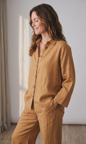 Nantucket Shirt- Camel- Linen shirt with black pleat and deep cuff