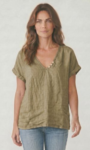 Orlare- Khaki- Linen front cotton v neck top with button trim