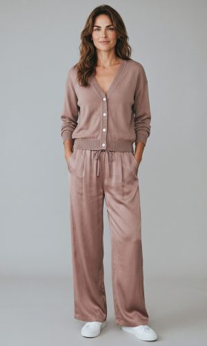 Pheadra Set-Taupe-silk satin pants w/drawstring and Cardi top