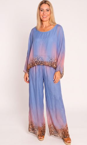 Selina -Denim- Ombre leopard trim silk set