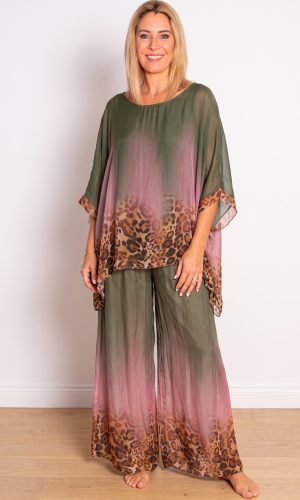 Selina -Khaki- Ombre leopard trim silk set