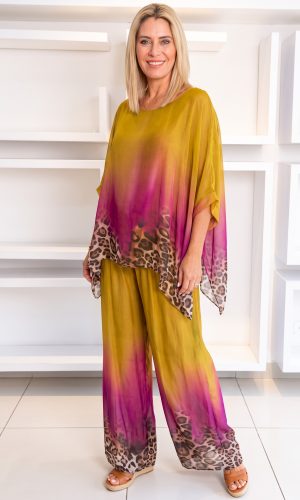 Selina -Sunset- Ombre leopard trim silk set