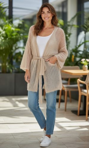 Yuna- Beige- Kid Mohair open knit cardi