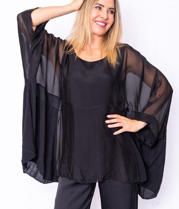 2553B Amberley- Black- Batwing silk top with seam and reverse pane (3 ...