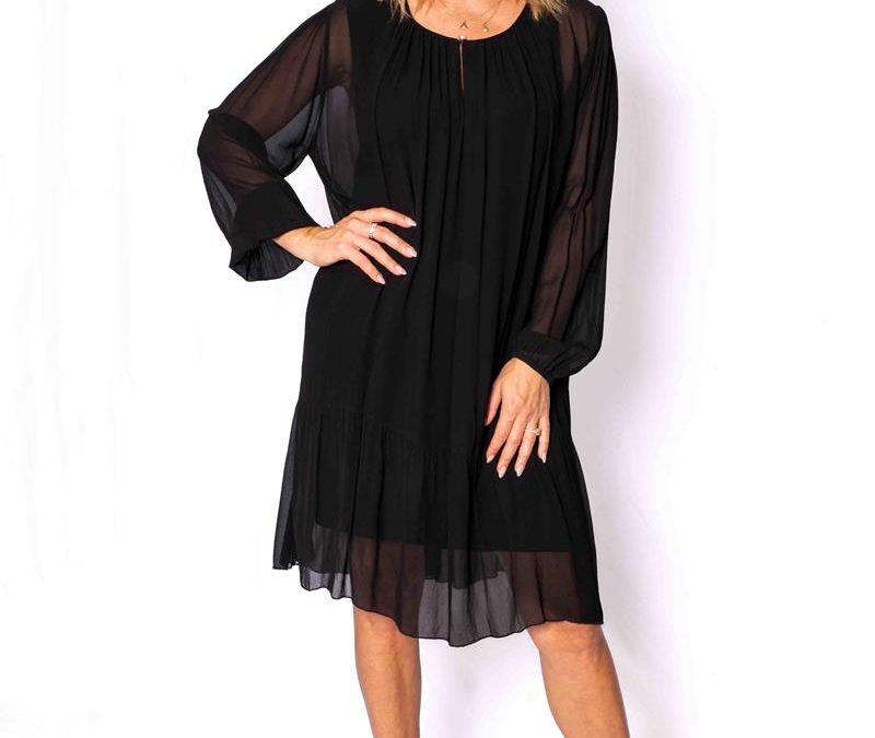 FAUX-WRAP CHIFFON DRESS WITH BLACK Sash Champagne main image 1